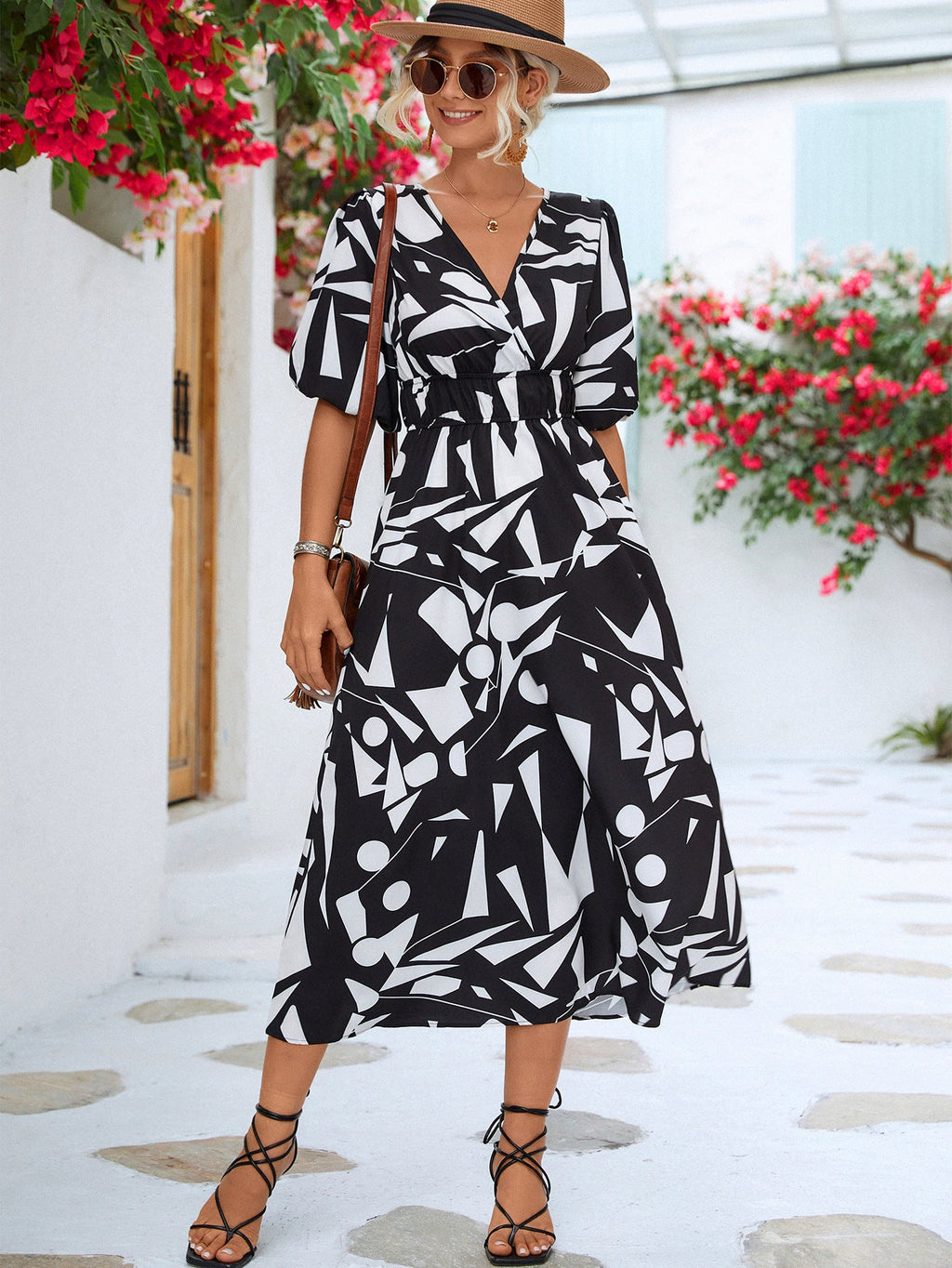 Black White Printed Balloon Sleeve Dress Elegant & Chic Casual Wear For Summer
