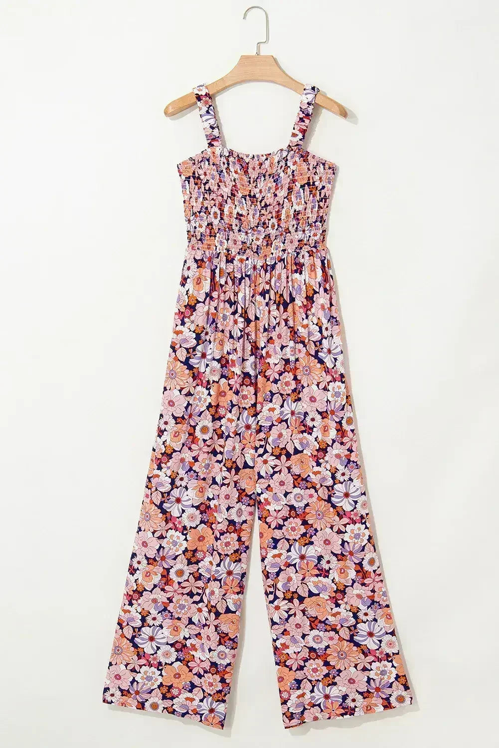 Purple Floral Square Neckline Stretch High Waist Jumpsuit