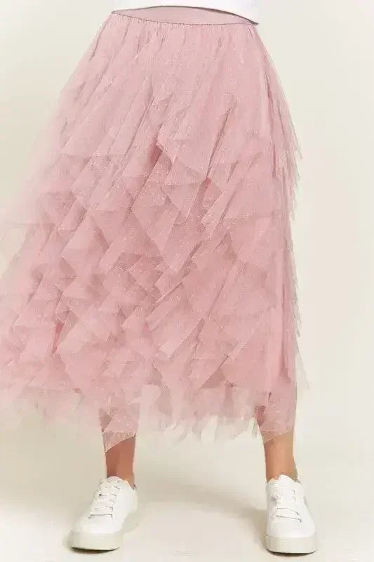 LAYERED POLKA DOT MESH LINED A-LINE MIDI SKIRT