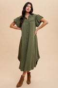 Mineral Washed Button Down Puff Sleeve Shirt Dress For Women – Fluttering, Fashionable Button Down Dress with Puff Sleeves, Mineral Wash for an Effortlessly Chic Look