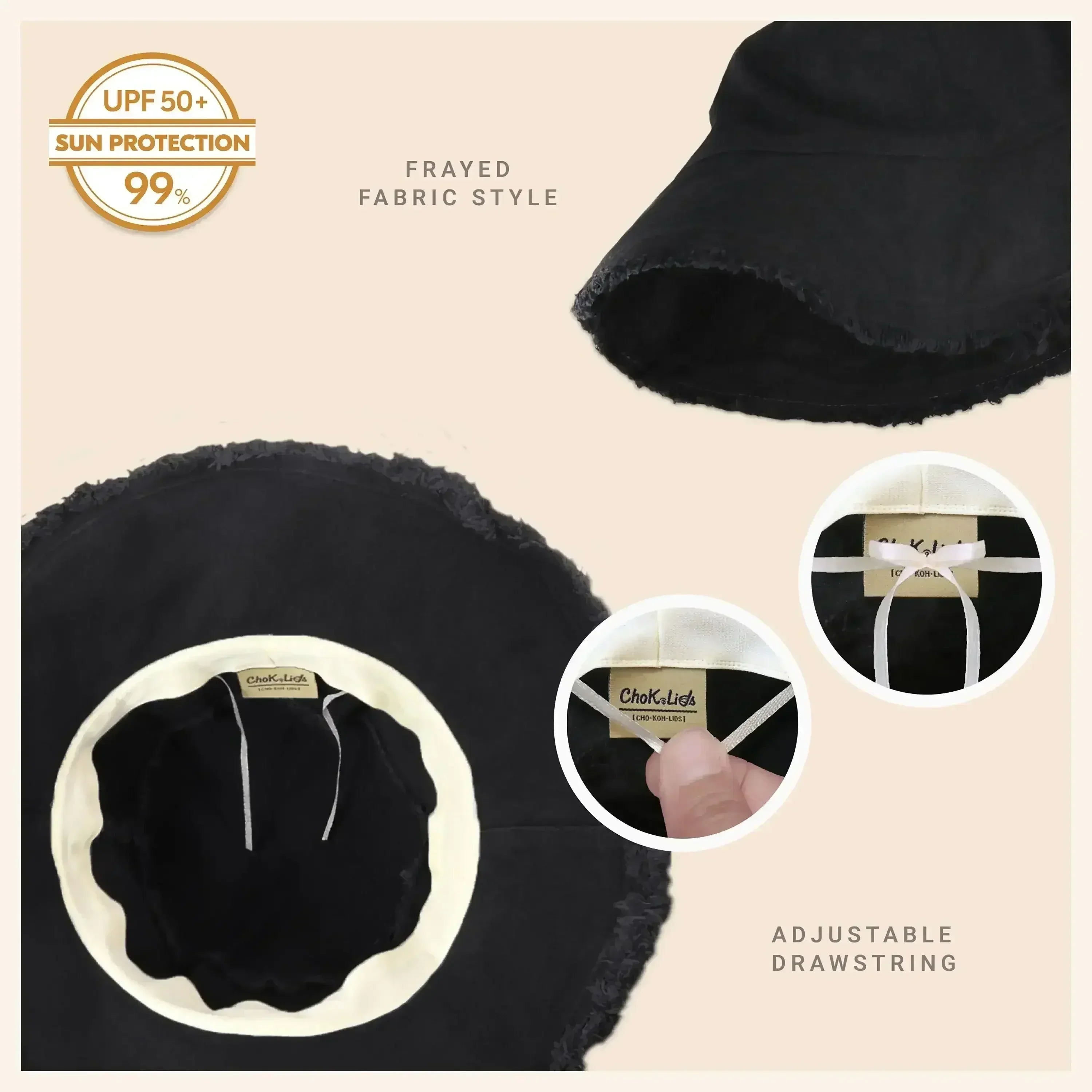 Frayed Bucket Hat - Wide Brim Cotton - UPF 50+ Sun Protection - One Size