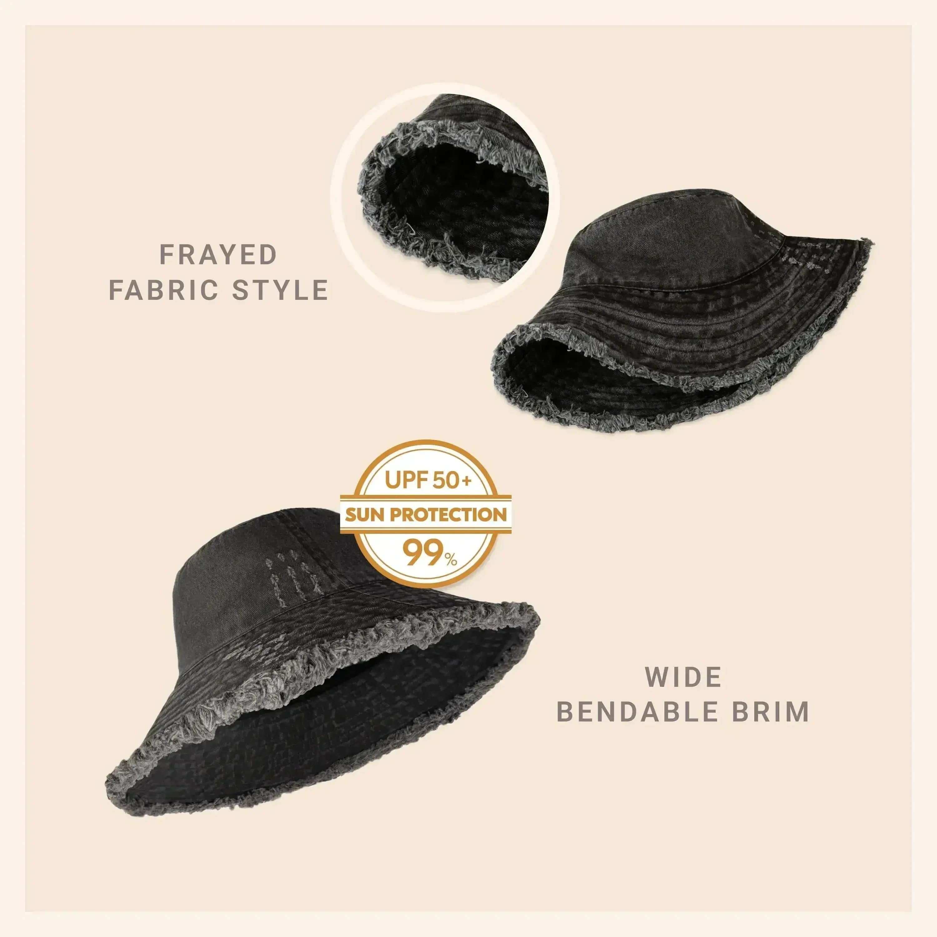 Frayed Bucket Hat - Wide Brim Cotton - UPF 50+ Sun Protection - One Size