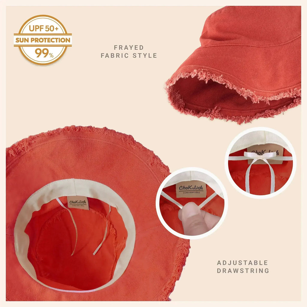 Frayed Bucket Hat - Wide Brim Cotton - UPF 50+ Sun Protection - One Size
