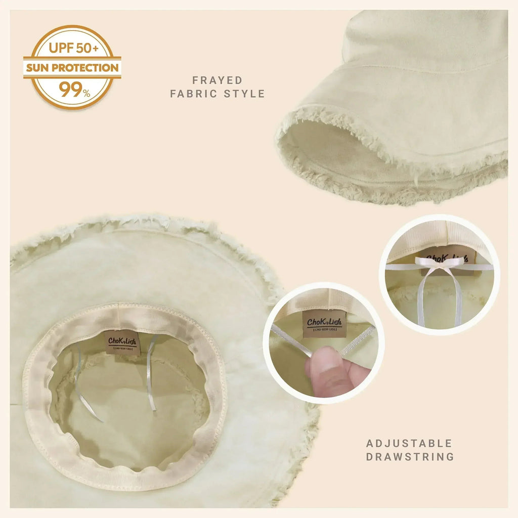 Frayed Bucket Hat - Wide Brim Cotton - UPF 50+ Sun Protection - One Size