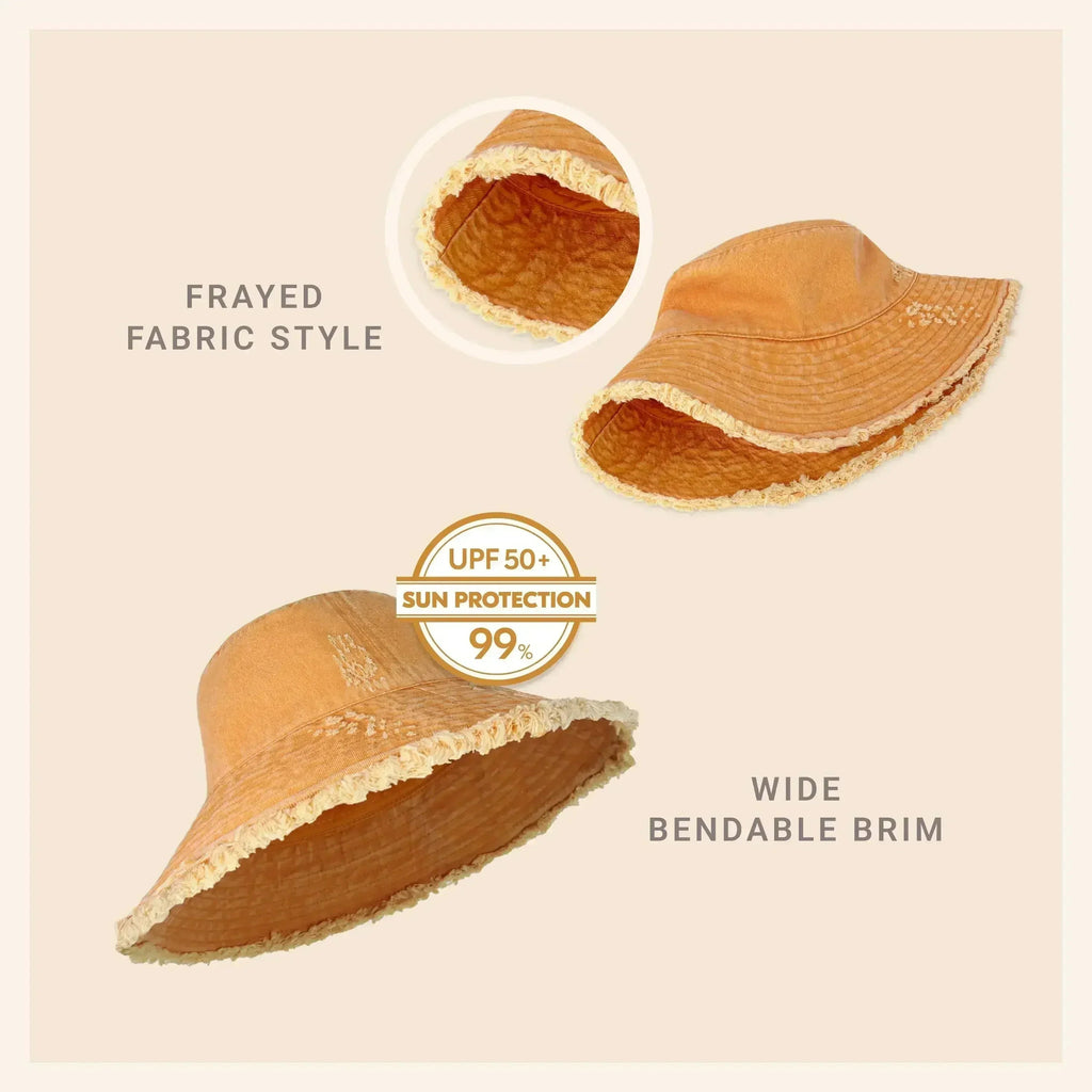Frayed Bucket Hat - Wide Brim Cotton - UPF 50+ Sun Protection - One Size