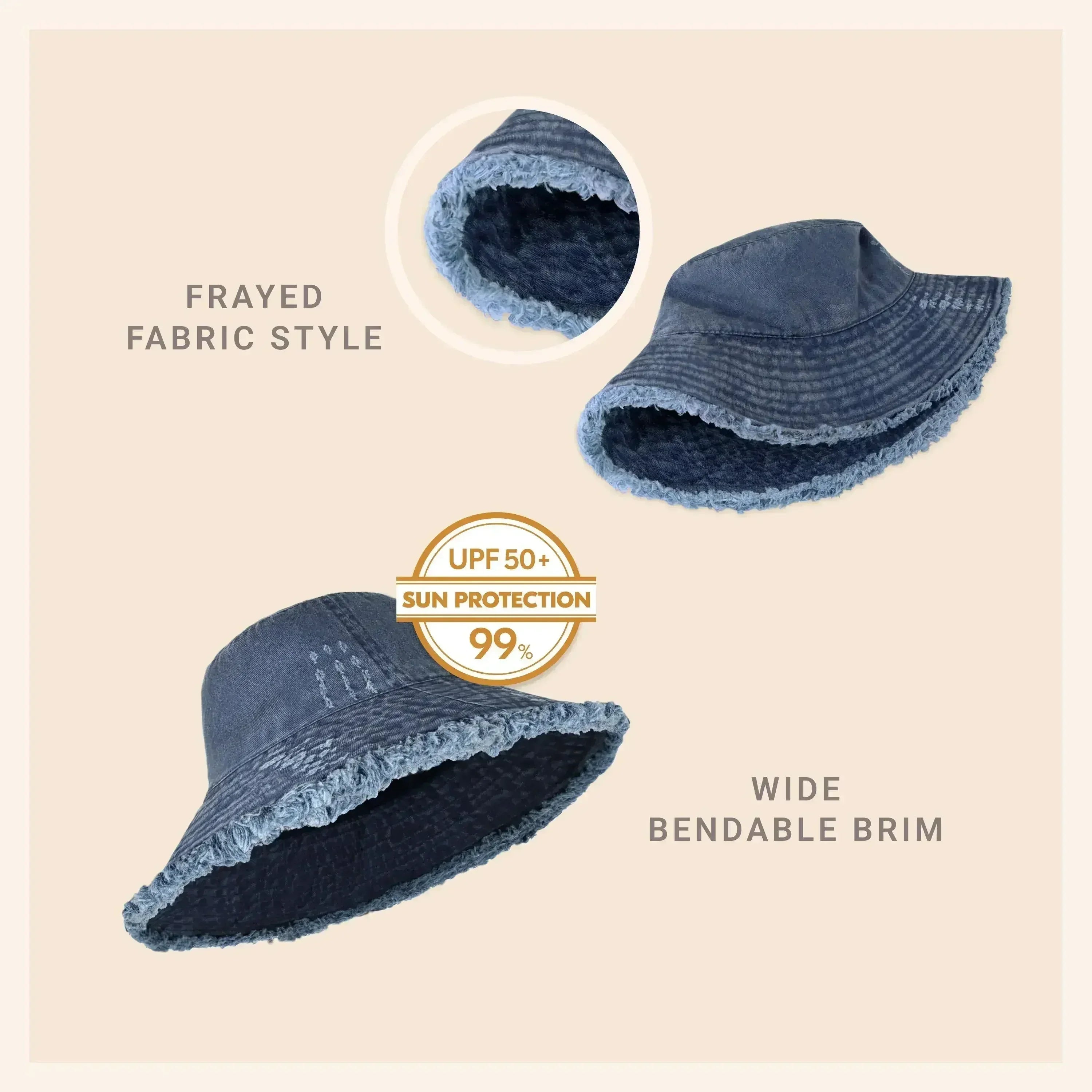 Frayed Bucket Hat - Wide Brim Cotton - UPF 50+ Sun Protection - One Size