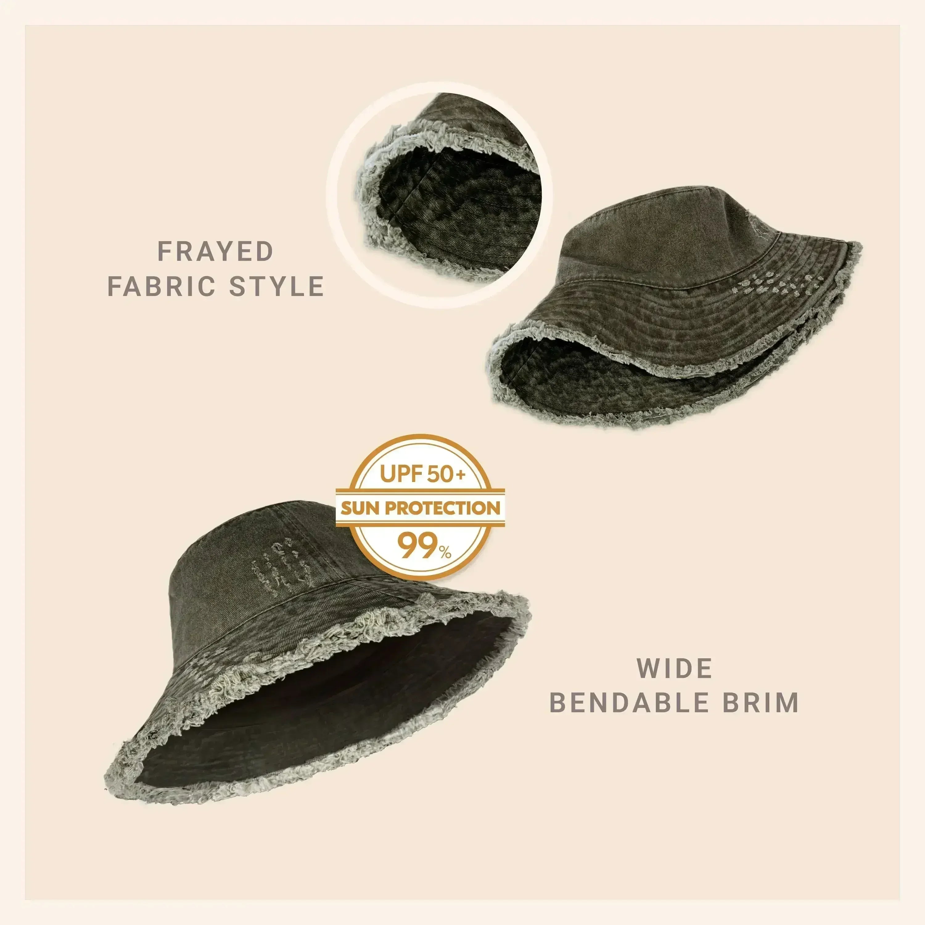 Frayed Bucket Hat - Wide Brim Cotton - UPF 50+ Sun Protection - One Size