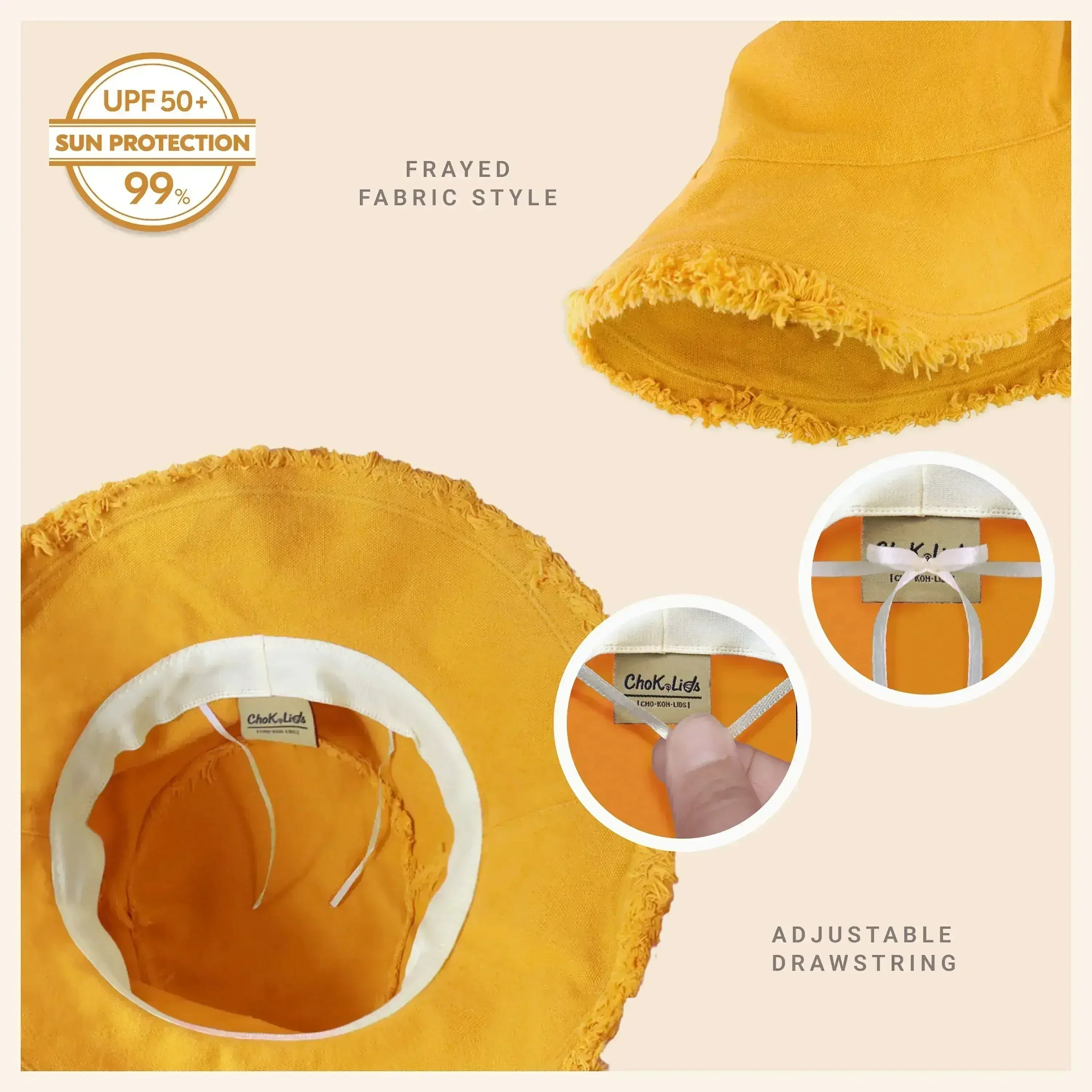 Frayed Bucket Hat - Wide Brim Cotton - UPF 50+ Sun Protection - One Size