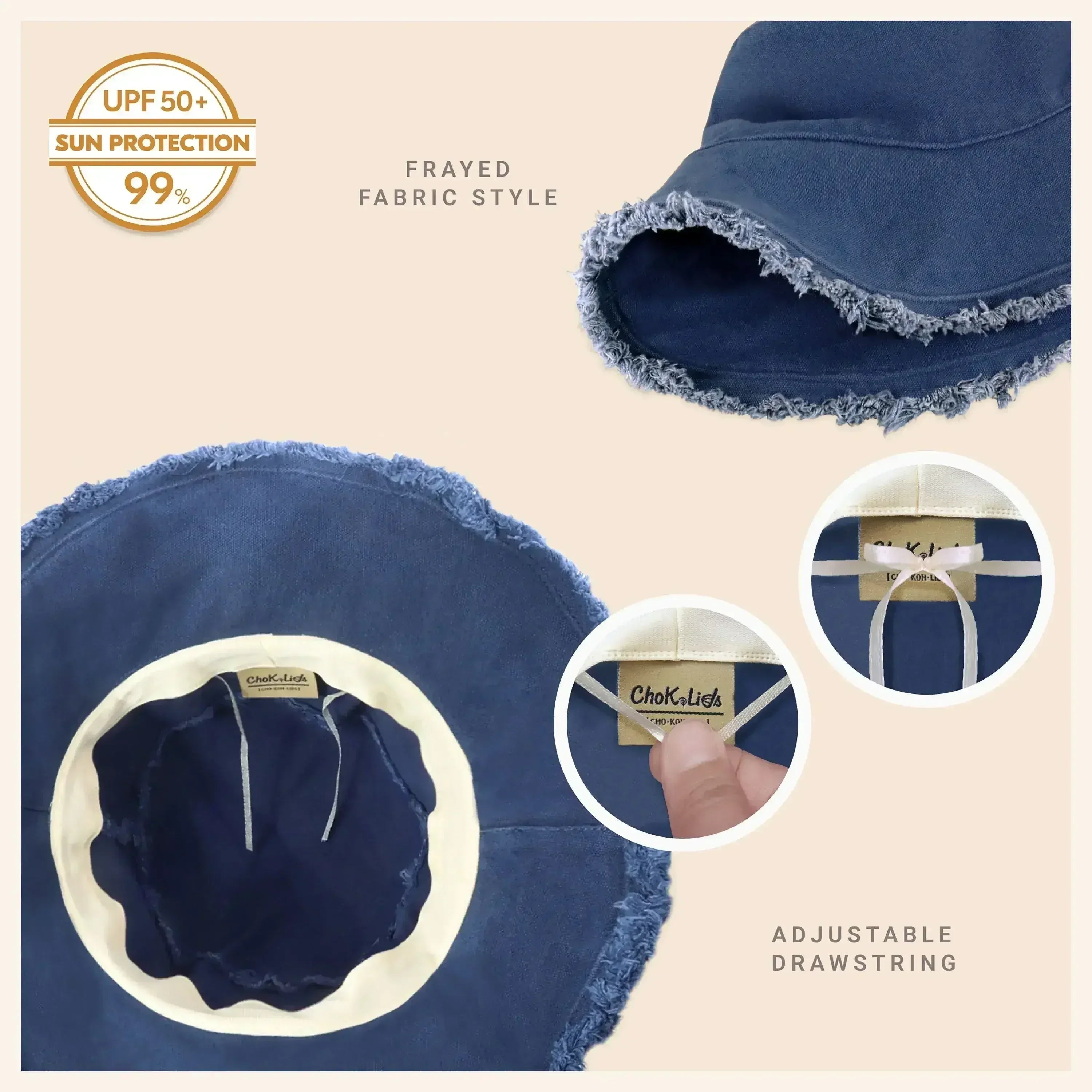 Frayed Bucket Hat - Wide Brim Cotton - UPF 50+ Sun Protection - One Size