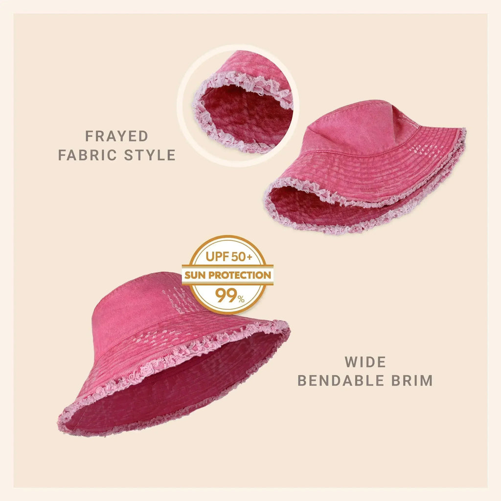 Frayed Bucket Hat - Wide Brim Cotton - UPF 50+ Sun Protection - One Size