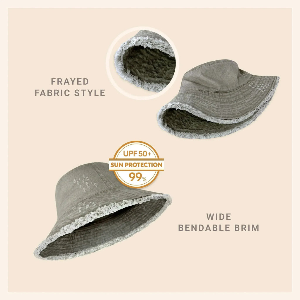 Frayed Bucket Hat - Wide Brim Cotton - UPF 50+ Sun Protection - One Size