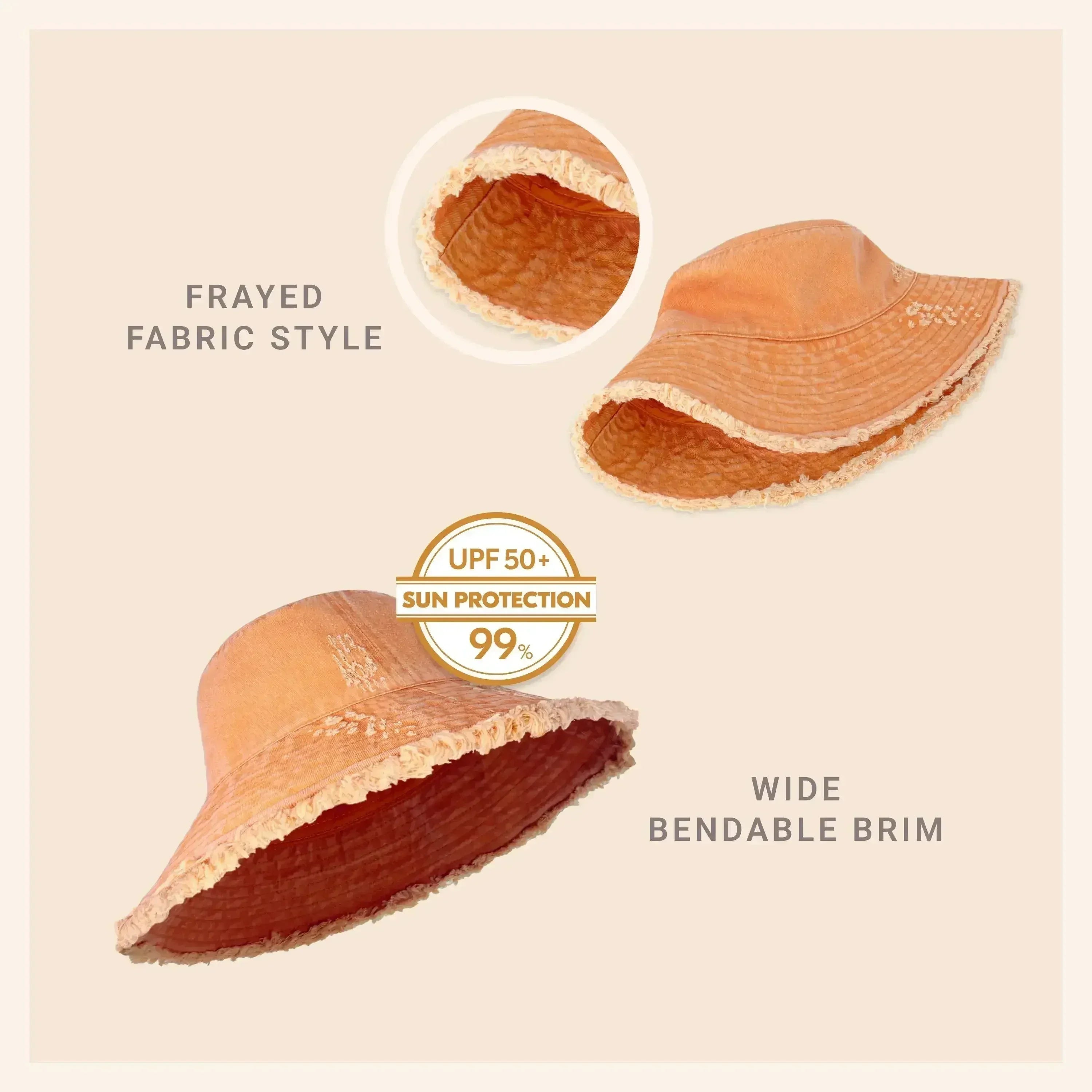 Frayed Bucket Hat - Wide Brim Cotton - UPF 50+ Sun Protection - One Size