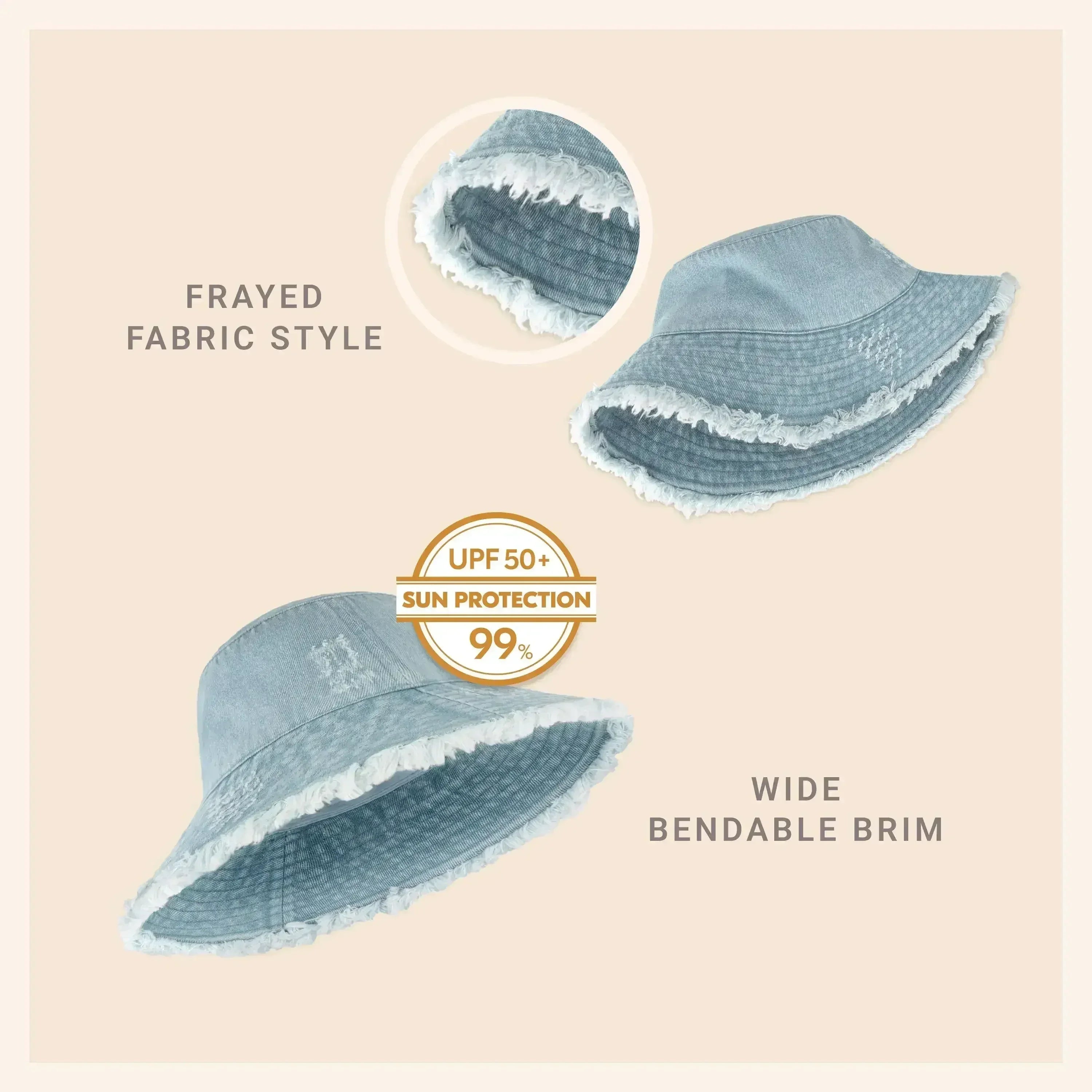 Frayed Bucket Hat - Wide Brim Cotton - UPF 50+ Sun Protection - One Size
