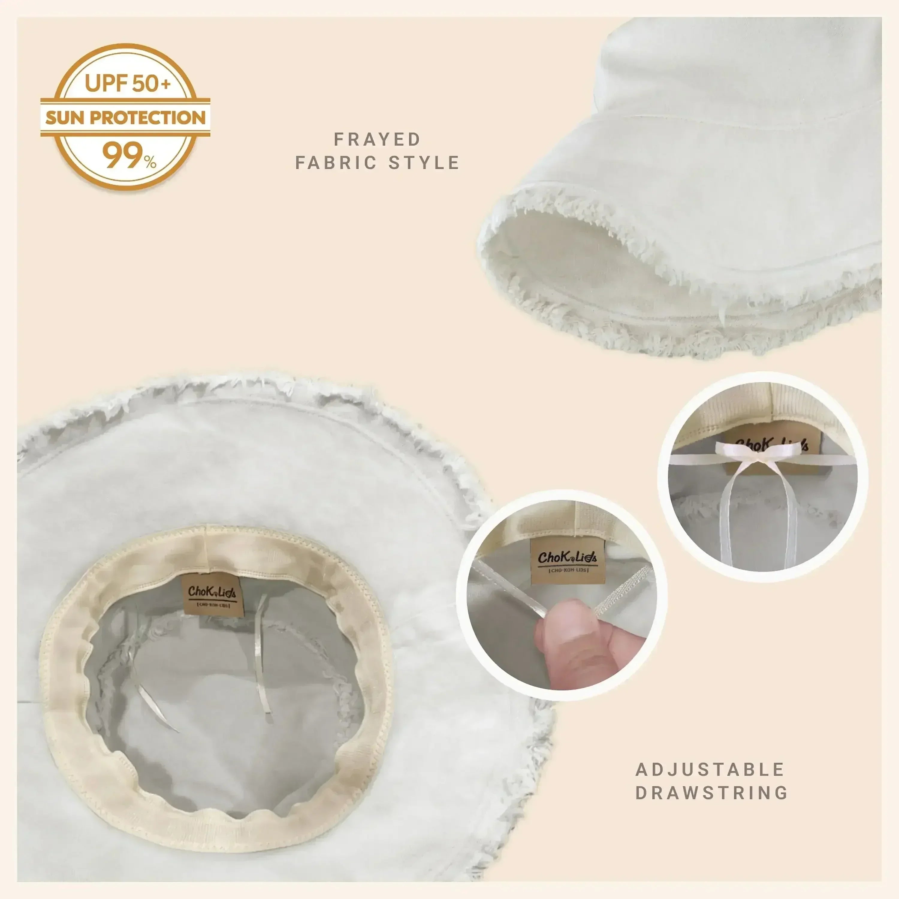Frayed Bucket Hat - Wide Brim Cotton - UPF 50+ Sun Protection - One Size