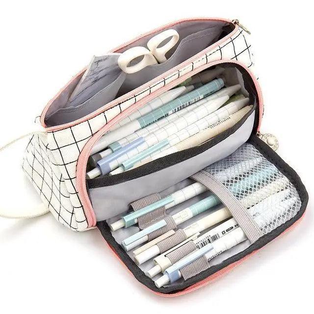Big Storage Large Capacity Pencil Case Kids Pencil Bag For Students Vintage Grid Print Fabric Stationary Bag School Supply