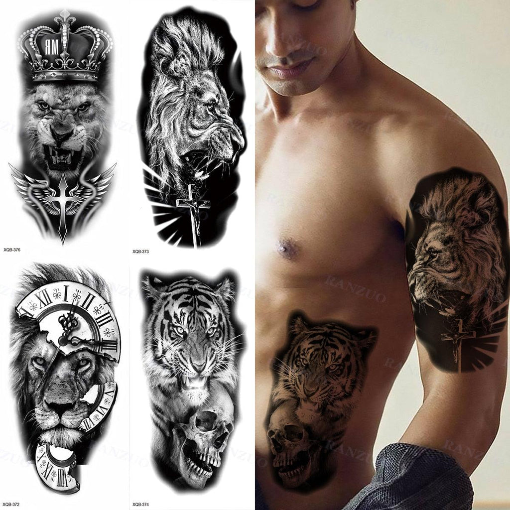 Big Tiger Lion Waterproof Temporary Sticker Tattoo Arm Legs Fake Tattoo Stickers For Adults Realistic Luxury Design For Mens Womens