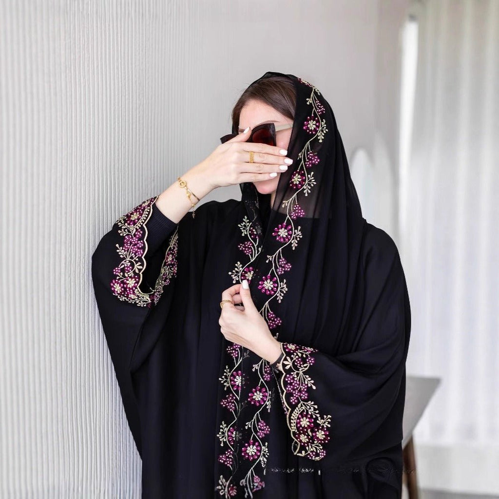 Black Abaya with Embroidered Floral Hijab Set (MOA279)