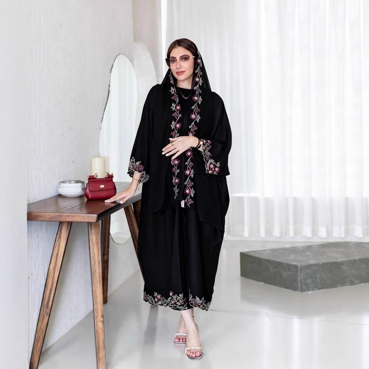 Black Abaya with Embroidered Floral Hijab Set (MOA279)