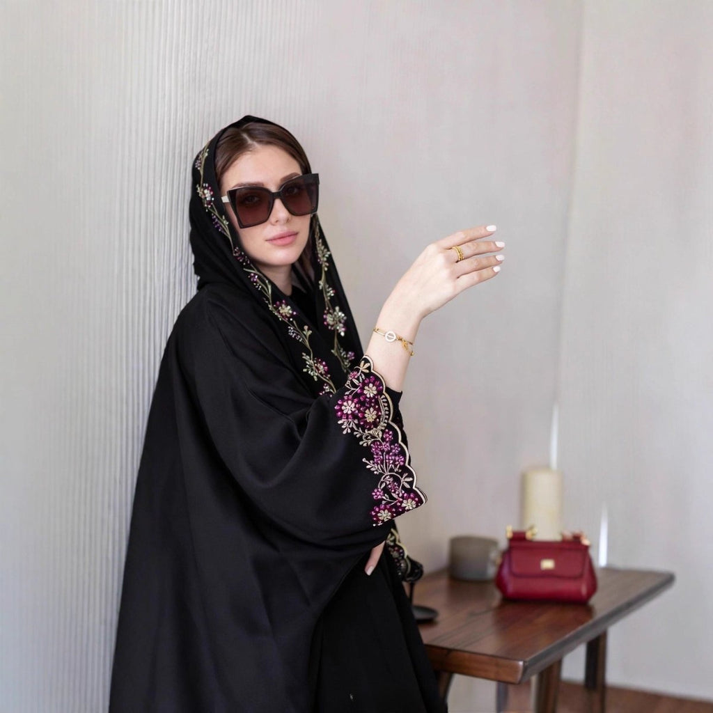 Black Abaya with Embroidered Floral Hijab Set (MOA279)