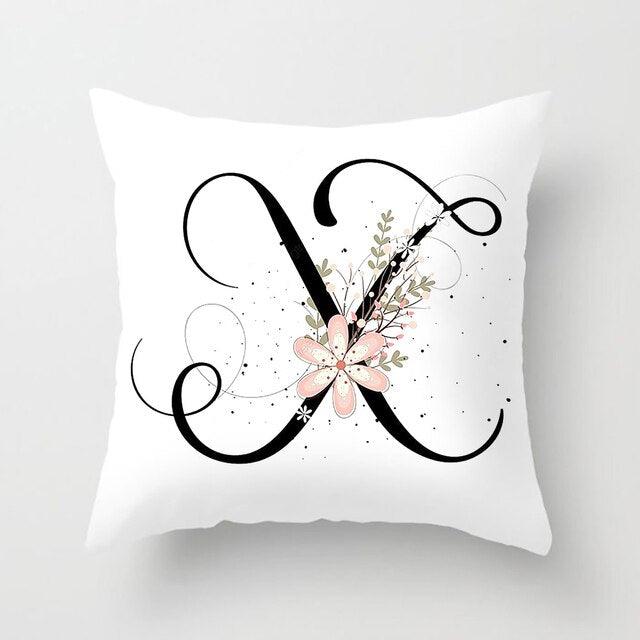 Black Alphabet Flower Print Pillow Cover White Polyester Modern Cushion Cover Decorative Pillowcase For Sofa Bed Chair Car Throw Pillow Covers Decorative Pillow Cases ABC Letter Cushion Covers Square Pillow Protectors Home Decor 45x45cm