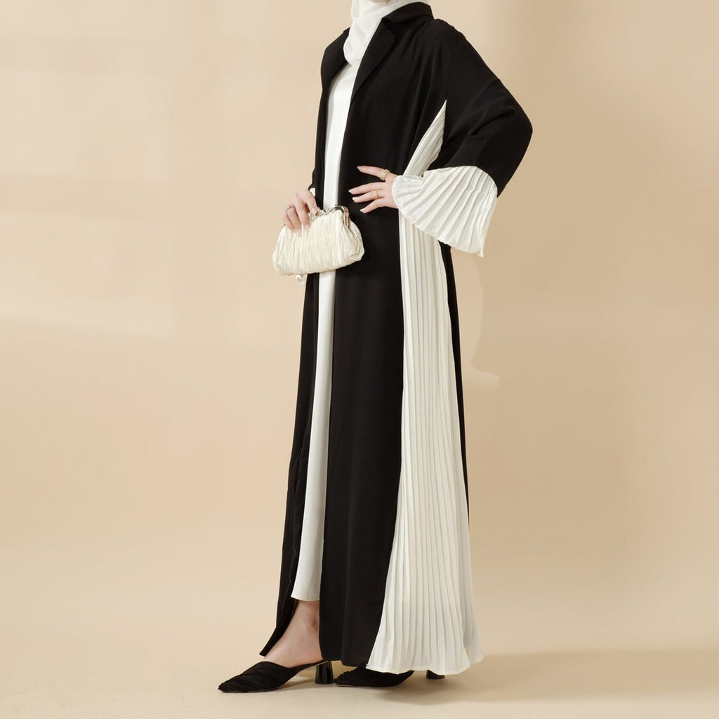 Black and White Open Abaya | Contrast Color Accordion Pleat Panel Abaya (MOA125)