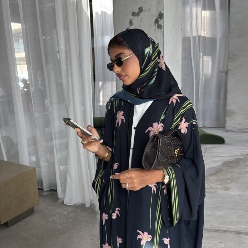 Black Floral Print Abaya Set | Lightweight Breathable Cardigan with Matching Hijab(MOA230)