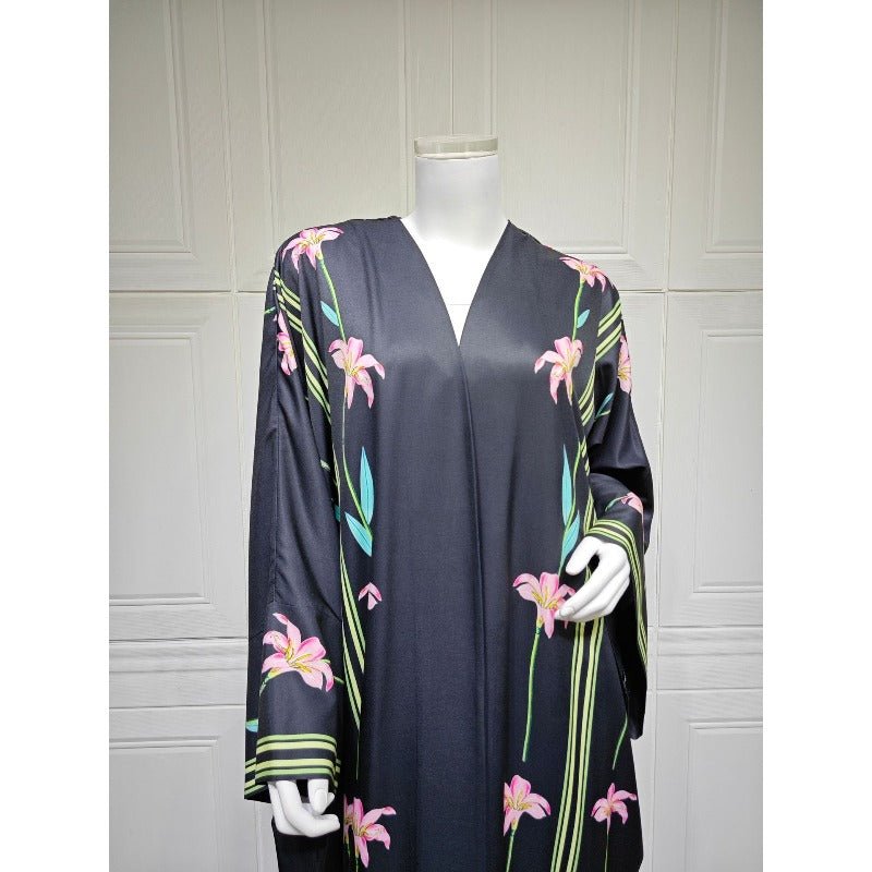 Black Floral Print Abaya Set | Lightweight Breathable Cardigan with Matching Hijab(MOA230)