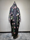 Black Floral Print Abaya Set | Lightweight Breathable Cardigan with Matching Hijab(MOA230)