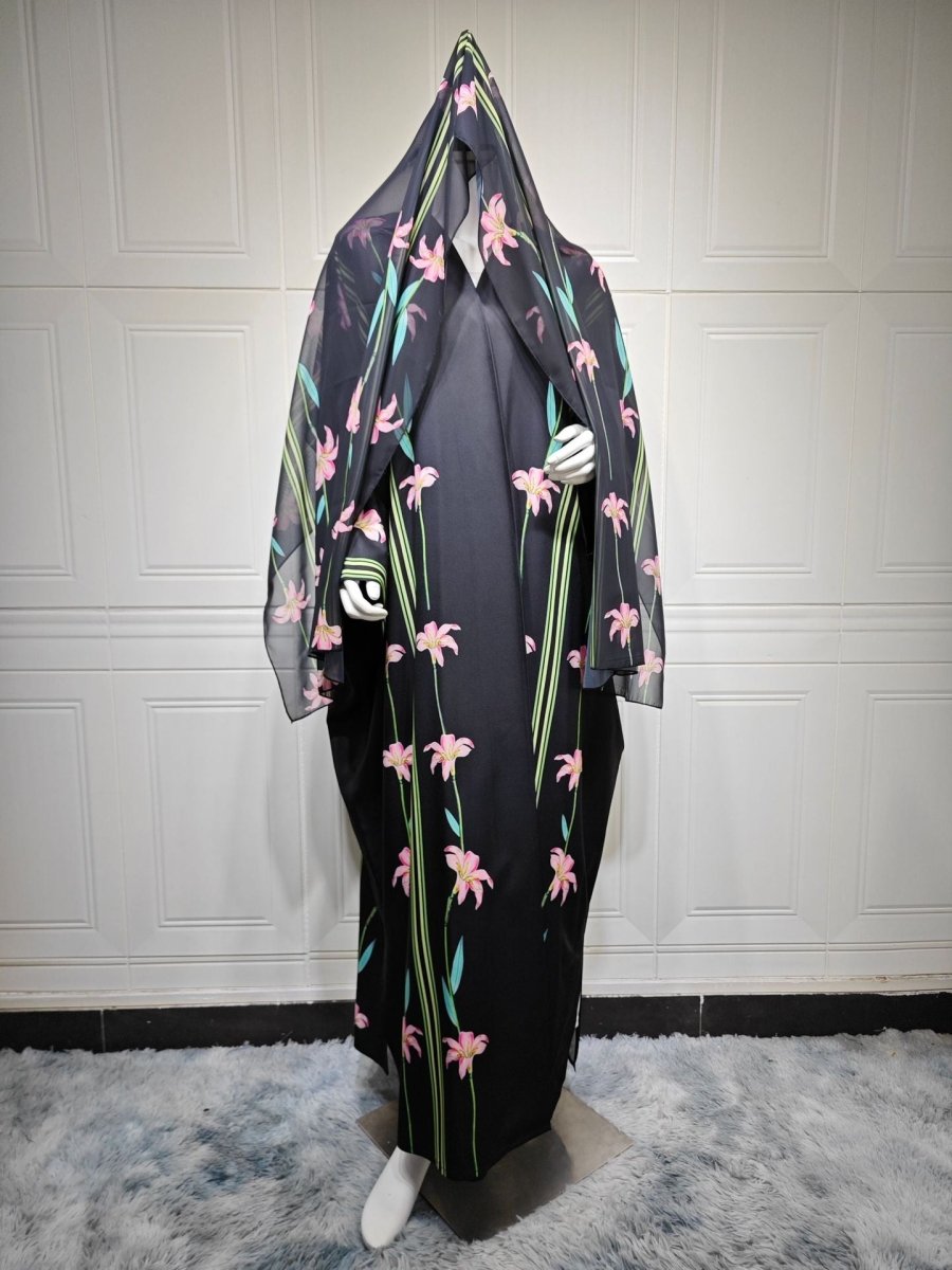 Black Floral Print Abaya Set | Lightweight Breathable Cardigan with Matching Hijab(MOA230)