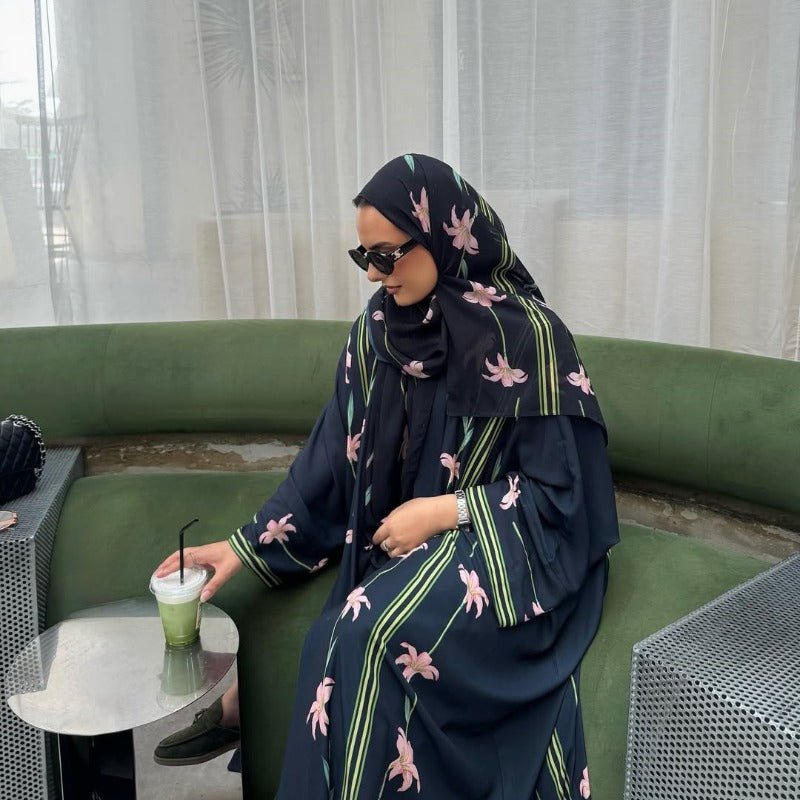 Black Floral Print Abaya Set | Lightweight Breathable Cardigan with Matching Hijab(MOA230)