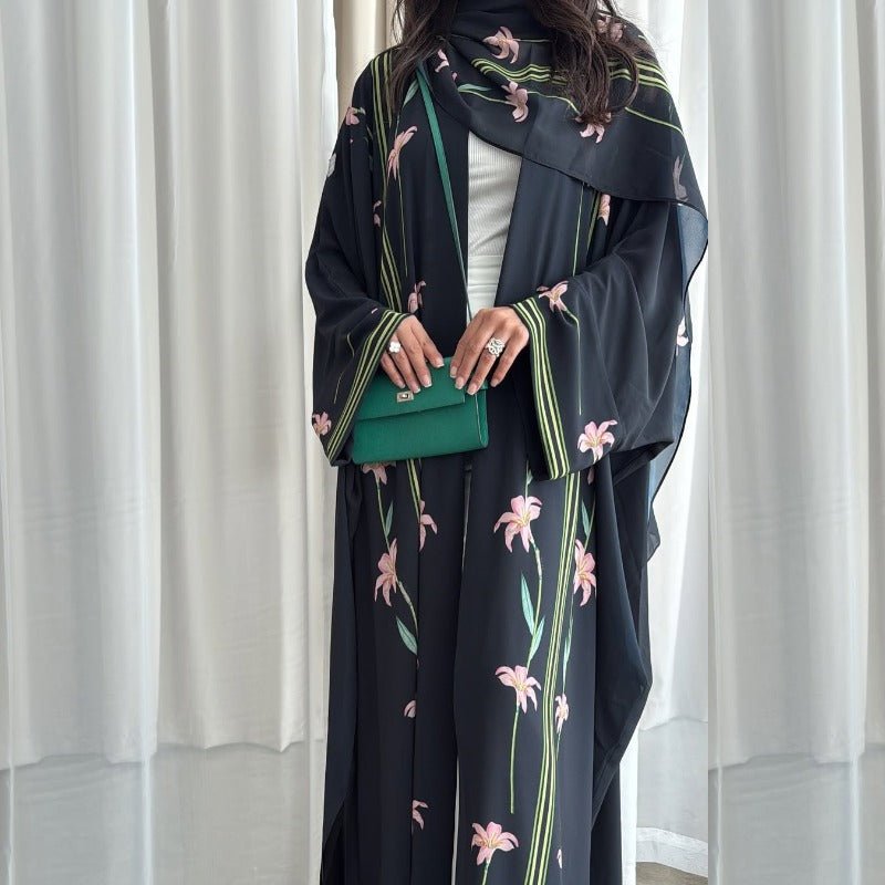 Black Floral Print Abaya Set | Lightweight Breathable Cardigan with Matching Hijab(MOA230)