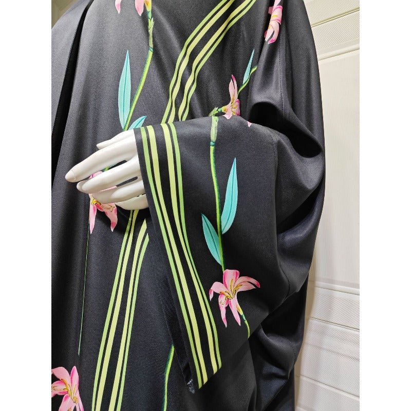 Black Floral Print Abaya Set | Lightweight Breathable Cardigan with Matching Hijab(MOA230)