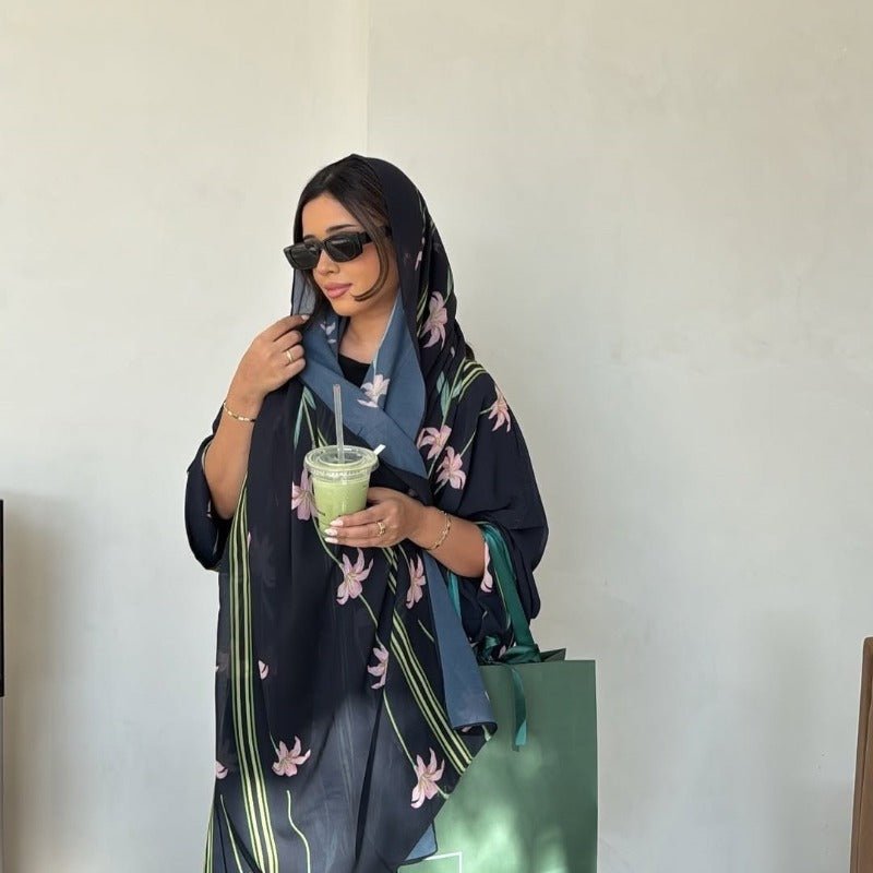 Black Floral Print Abaya Set | Lightweight Breathable Cardigan with Matching Hijab(MOA230)