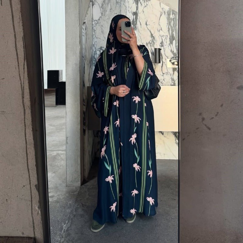 Black Floral Print Abaya Set | Lightweight Breathable Cardigan with Matching Hijab(MOA230)