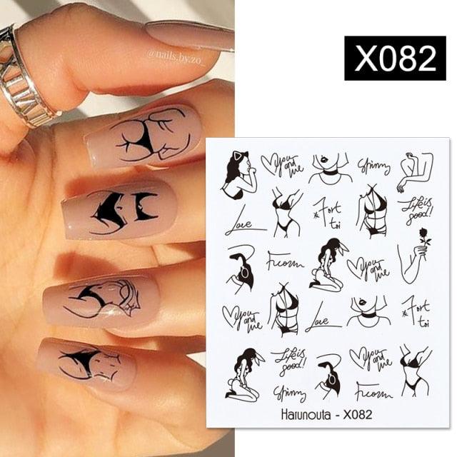 Black Lines Flower Leaves Water Decals Stickers Floral Face Marble Pattern Slider For Nails Summer Nail Art Decoration Summer Stickers on Nails Simple Summer Slider for Manicure Nail Art Watermark Manicure Decor