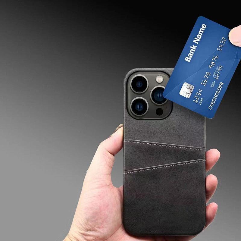 Black Luxury Men Card Holder Case for iPhone Business Classic Leather Wallet Case for iphone 12 13 14 Pro Max Phone Cover PU Leather Wallet Case with Card Pockets Back Cover