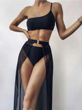 Black Mesh Bikini Cover Up Set Women Bathing Outfits Adults Solid Color One Shoulder Bikini Top  Mesh See Through Crochet Off Shoulder Crop Tops 2 Piece Bikini Swimsuit Cover-ups Beach Summer Outfits