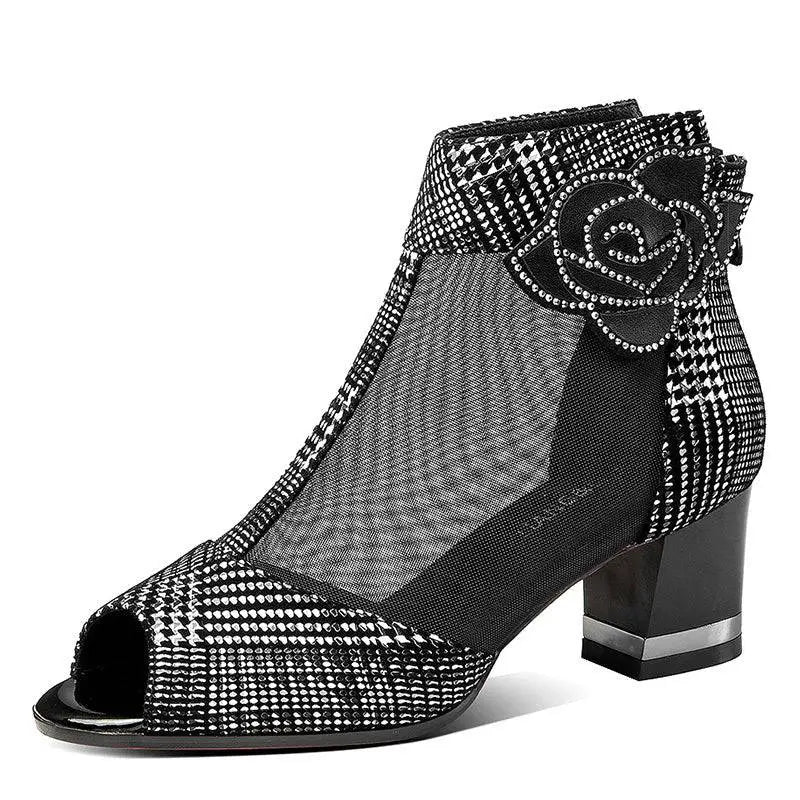 Black Rhinestone Rose Sandals Mesh Fish Mouth Heels