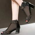 Black Rhinestone Rose Sandals Mesh Fish Mouth Heels