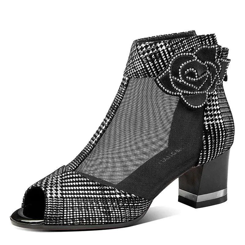 Black Rhinestone Rose Sandals Mesh Fish Mouth Heels