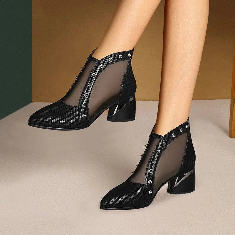 Black Rhinestone Rose Sandals Mesh Fish Mouth Heels