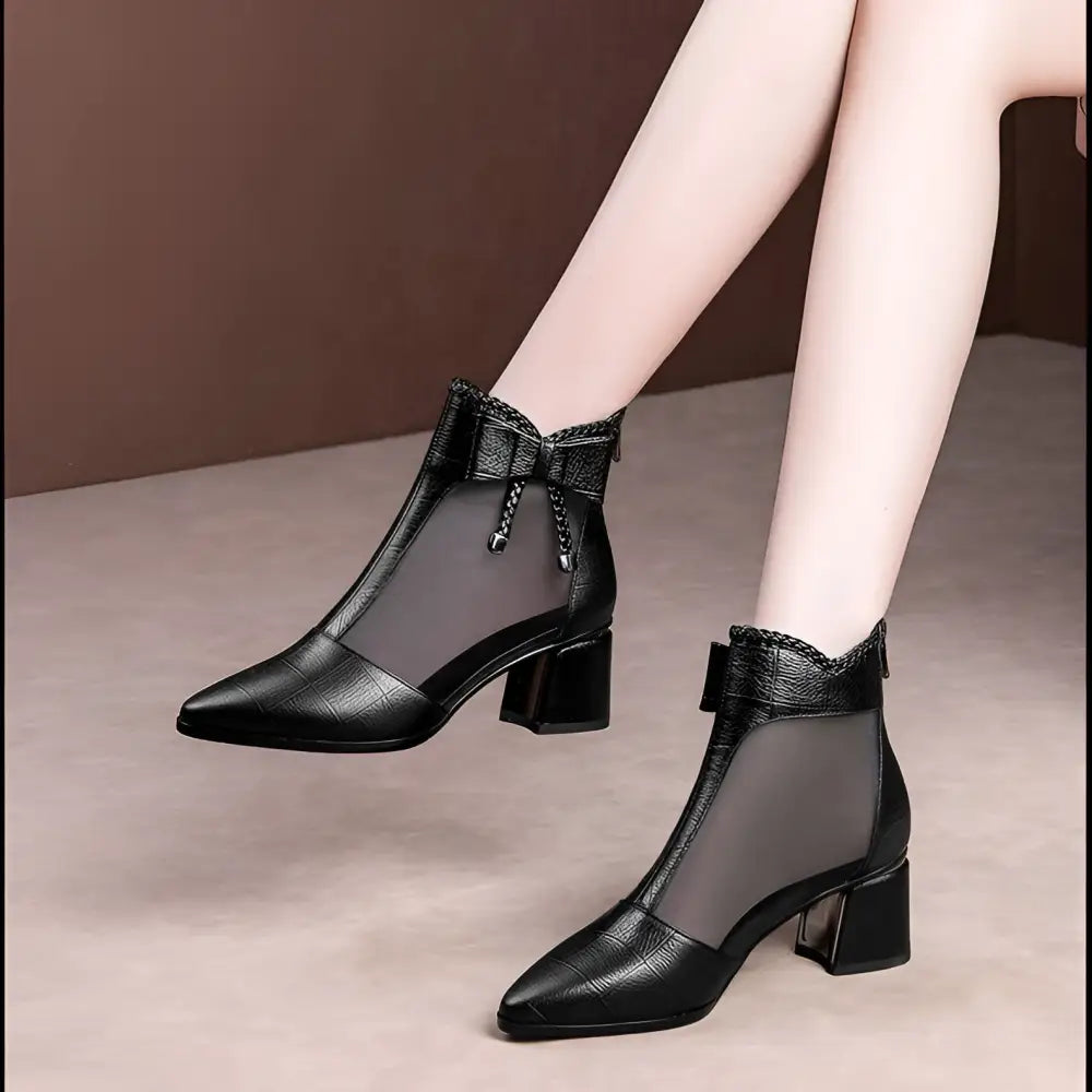 Black Rhinestone Rose Sandals Mesh Fish Mouth Heels