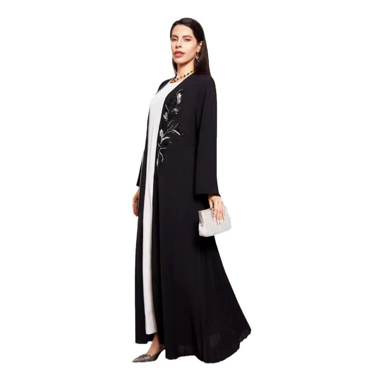 Black & Silver Embroidered Open Front Robe - Modest Elegant Abaya(MOA216)