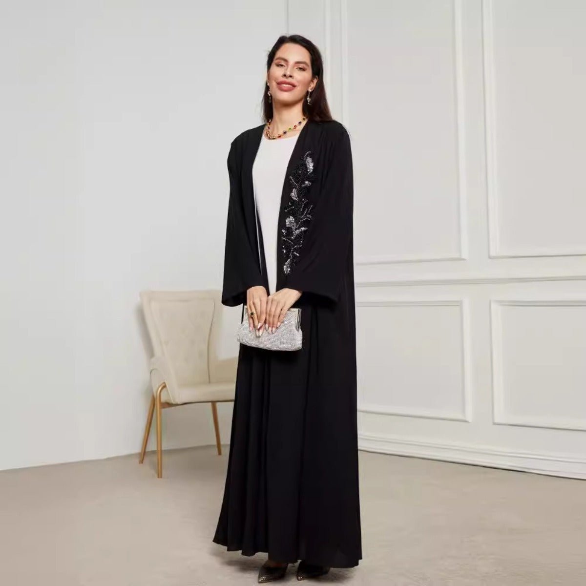 Black & Silver Embroidered Open Front Robe - Modest Elegant Abaya(MOA216)