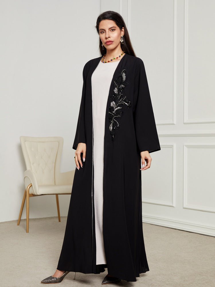 Black & Silver Embroidered Open Front Robe - Modest Elegant Abaya(MOA216)