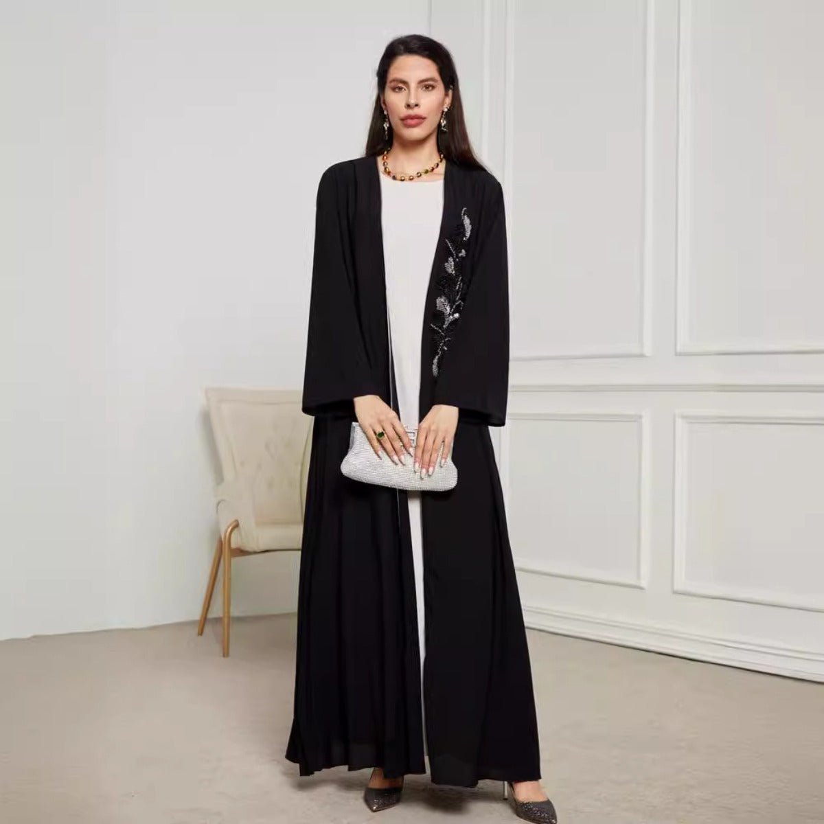 Black & Silver Embroidered Open Front Robe - Modest Elegant Abaya(MOA216)