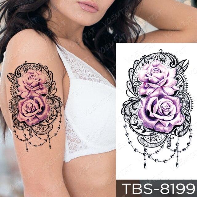 Black Sketchs Flowers Waterproof Temporary Tattoo Sticker Chest Flash Tattoo Wolf Diamond Flower Body Art Arm Fake Tattoo For Womens Men