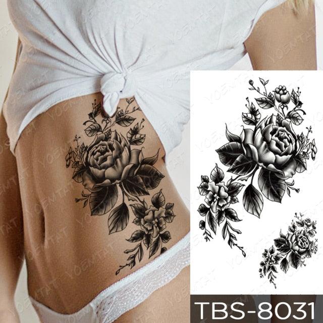 Black Sketchs Flowers Waterproof Temporary Tattoo Sticker Chest Flash Tattoo Wolf Diamond Flower Body Art Arm Fake Tattoo For Womens Men