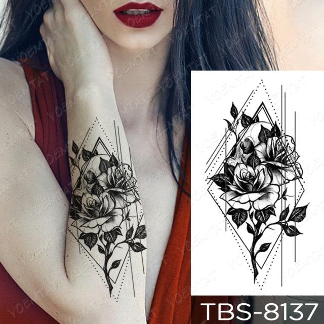 Black Sketchs Flowers Waterproof Temporary Tattoo Sticker Chest Flash Tattoo Wolf Diamond Flower Body Art Arm Fake Tattoo For Womens Men