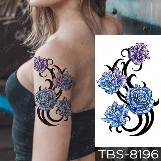 Black Sketchs Flowers Waterproof Temporary Tattoo Sticker Chest Flash Tattoo Wolf Diamond Flower Body Art Arm Fake Tattoo For Womens Men